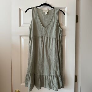 Cynthia Rowley 100% Linen V Neck Tiered Ruffle Mini Sun Dress Small Green